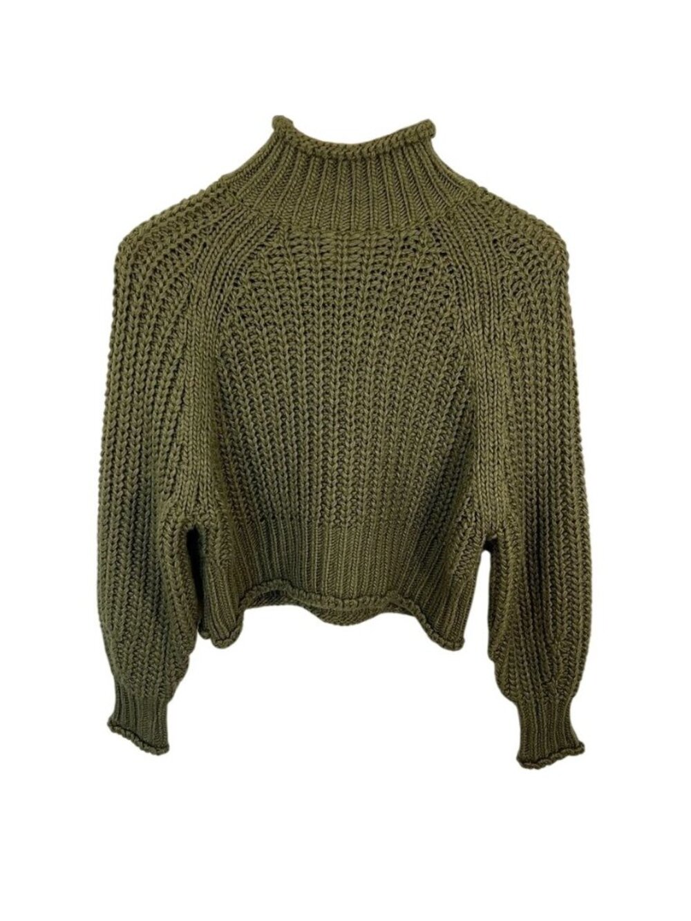 Chunky Knit Roll Neck Sweater XS Olive Green Cropped Fisherman Balloon Sleeve - Picture 2 of 11